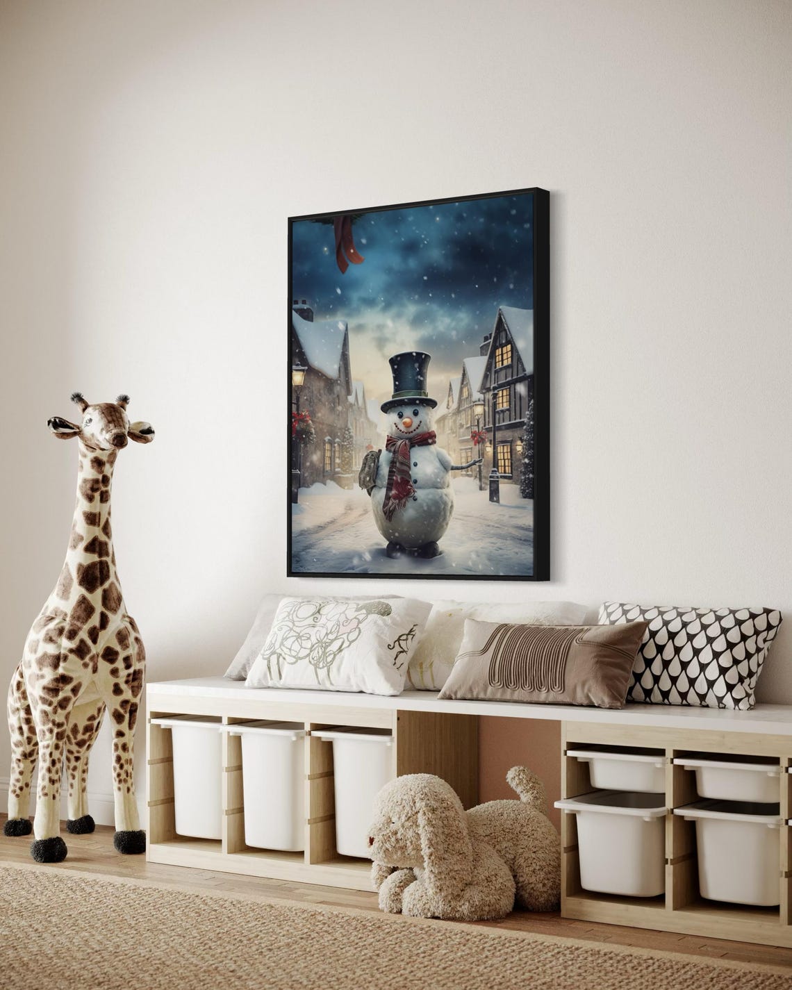 Cute Snowman Top Hat Scarf Snowy Village Street Christmas Art Print - Image 5