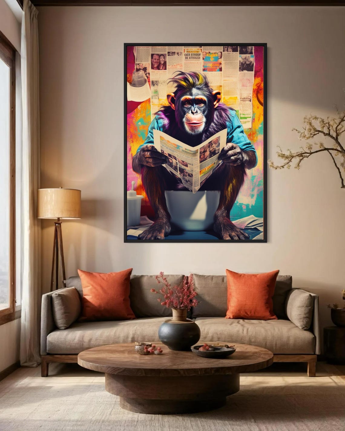 Funny Chimpanzee on Toilet Reading Newspaper Colorful Art Poster - Image 5