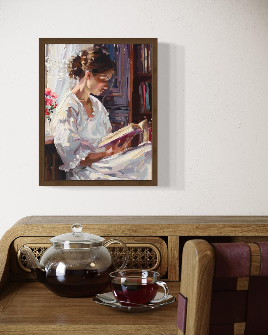 Woman Reading In White Dress Impressionist Library Oil Art Poster - Image 4