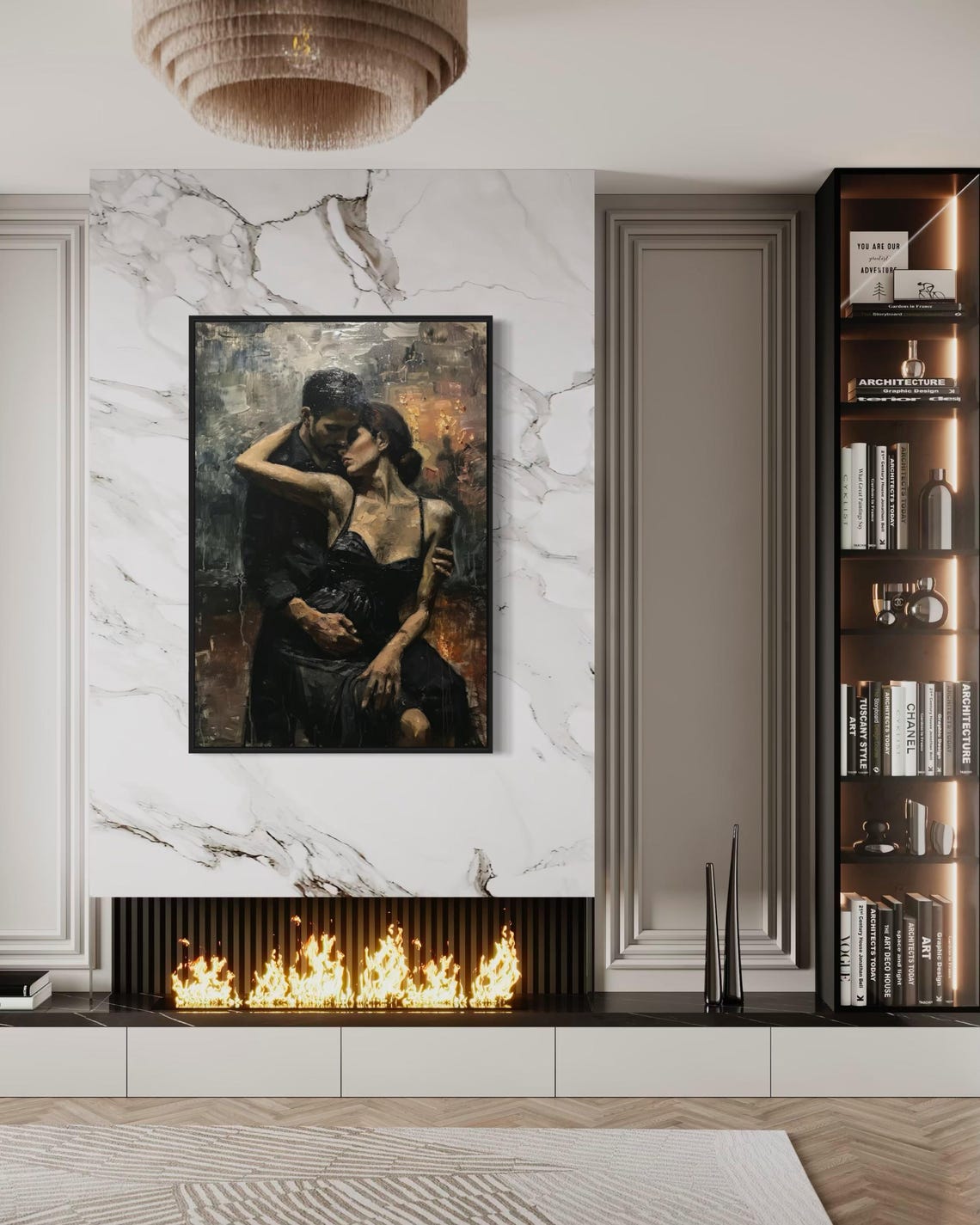 Passionate Couple Embrace Dance Romantic Dark Oil Painting Wall Art