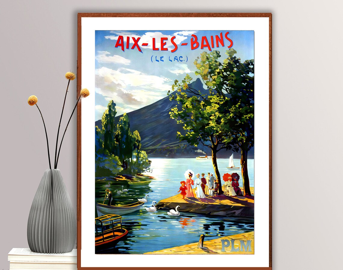 Aix Les Bains Lake Bourget Swans Boaters Vintage French Travel Poster