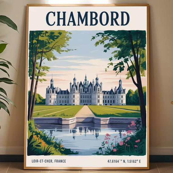 Chteau De Chambord Poster Green And Blue Contemporary Travel Art French Countryside Illustration Enthusiast Wall Decor