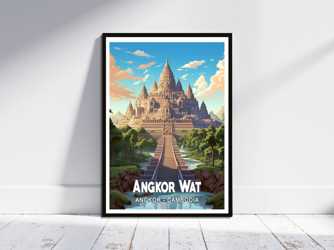 Angkor Wat Cambodia Temple Staircase Jungle Vintage Travel Poster