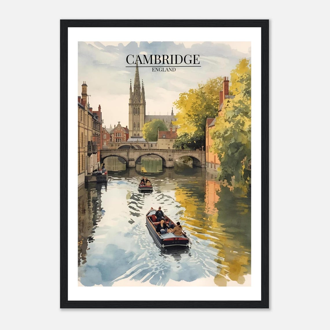 Cambridge England River Cam Punting Watercolor Travel Poster