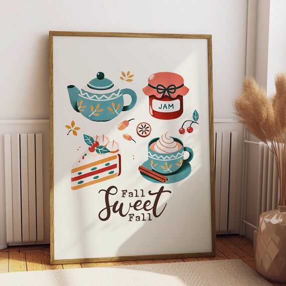 Fall Sweet Fall Autumn Tea Time Teapot Cake Dessert Art Poster