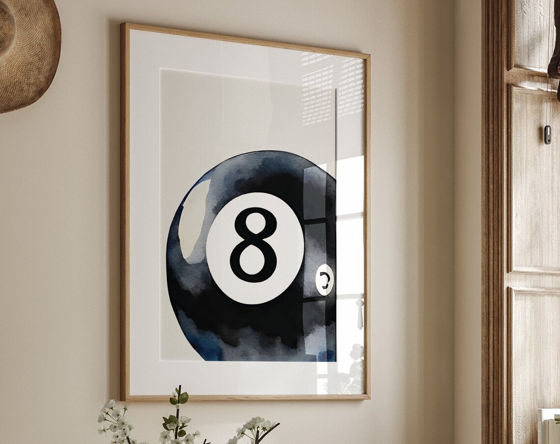 Magic Eight Ball Black Watercolor Billiards Retro Game Room Wall Art