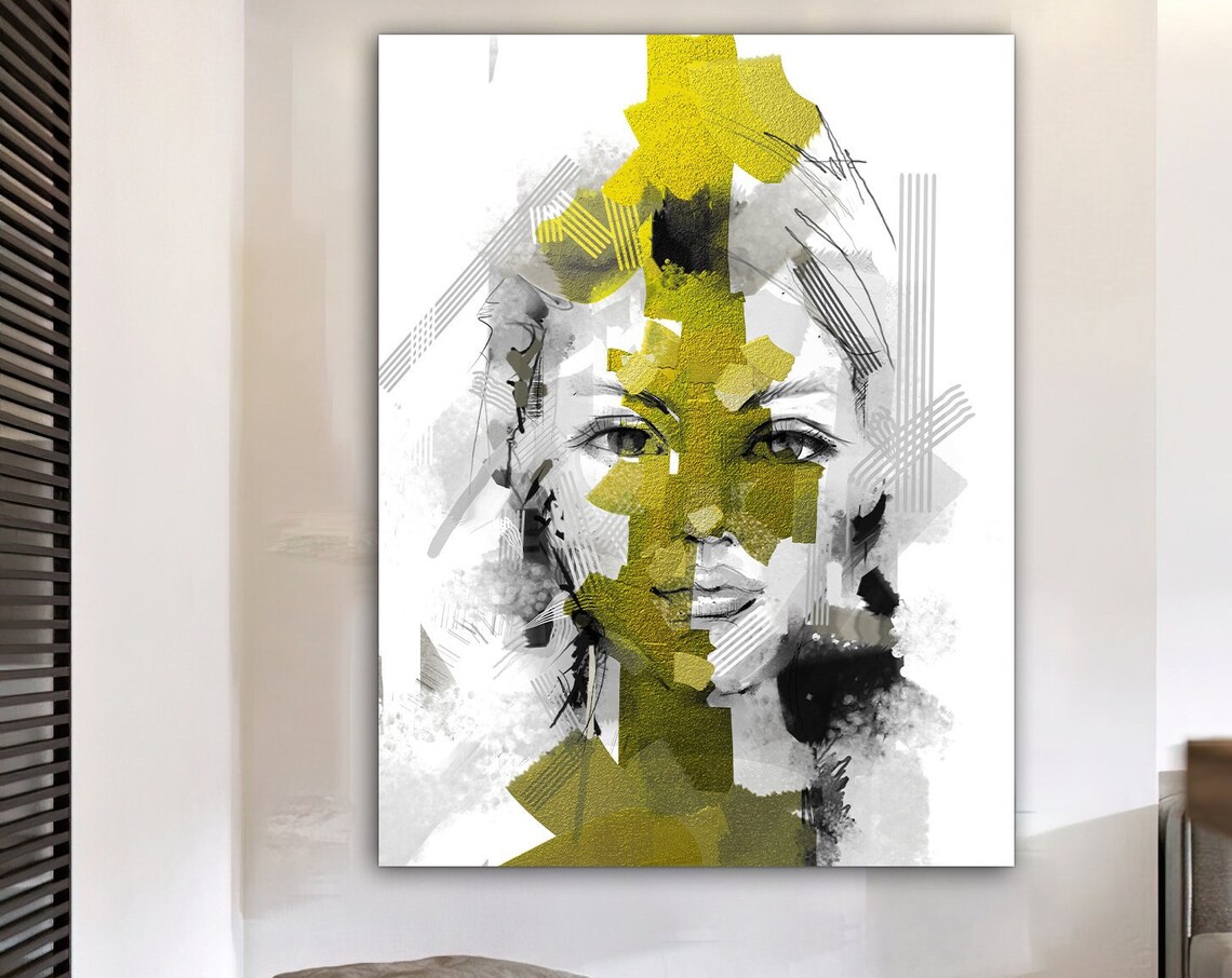 Woman Face Yellow Green Paint Stripe Watercolor Modern Art Print