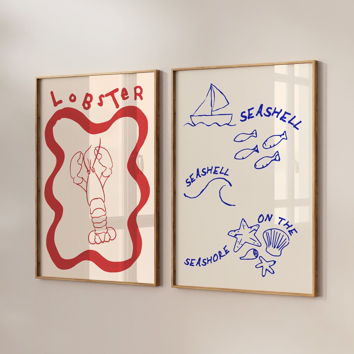 Lobster And Seashell Coastal Kitchen Gallery Wall Decor Poster Duo