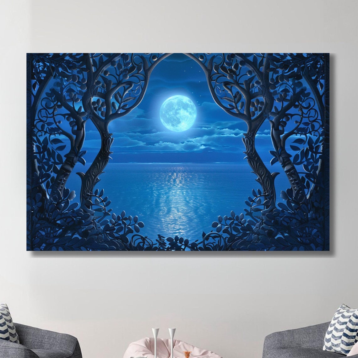 Full Moon Ocean Night Leafy Archway Dreamy Blue Seascape Poster