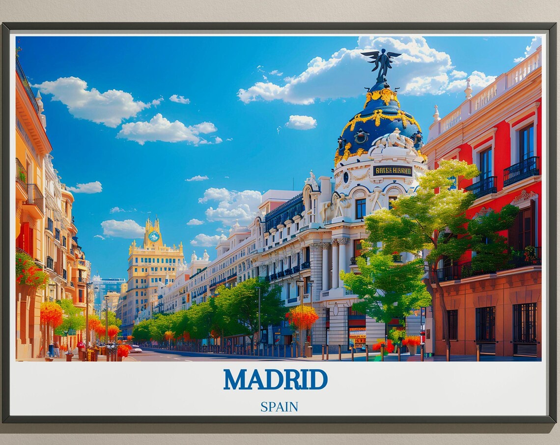 Madrid Spain Gran Via Metropolis Building Bright Sunny Poster