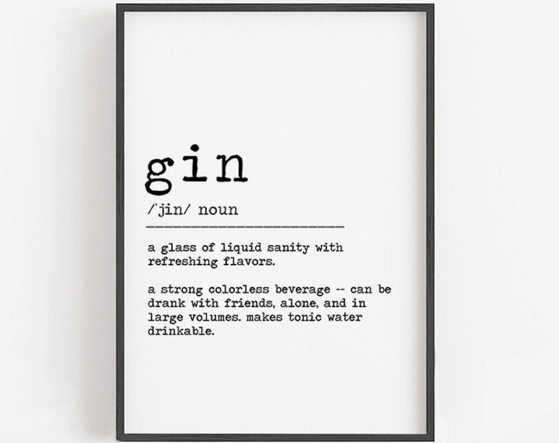 Gin Definition Funny Bar Cart Alcohol Humor Kitchen Print Sign