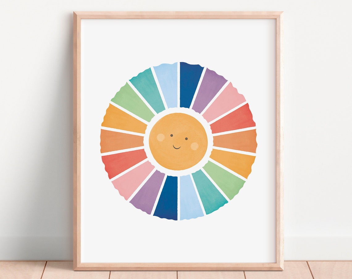 Happy Smiling Sun Rainbow Color Wheel Nursery Wall Decor Poster