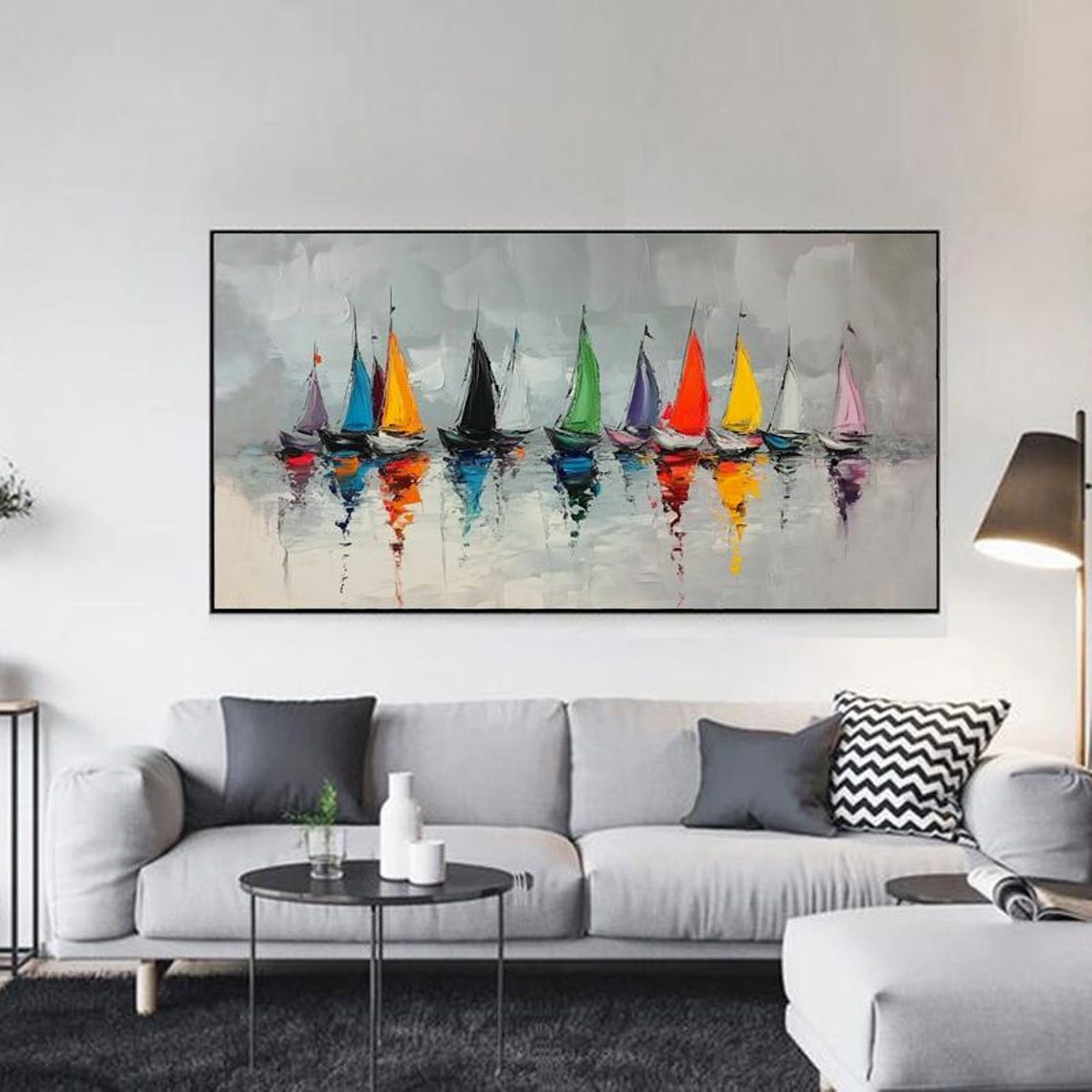 Colorful Rainbow Sailboats on a Calm Grey Sea Nautical Poster - Image 6