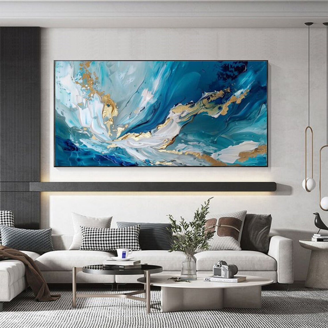 Abstract Blue Oil Painting With Gold Accents Art Print - Image 2