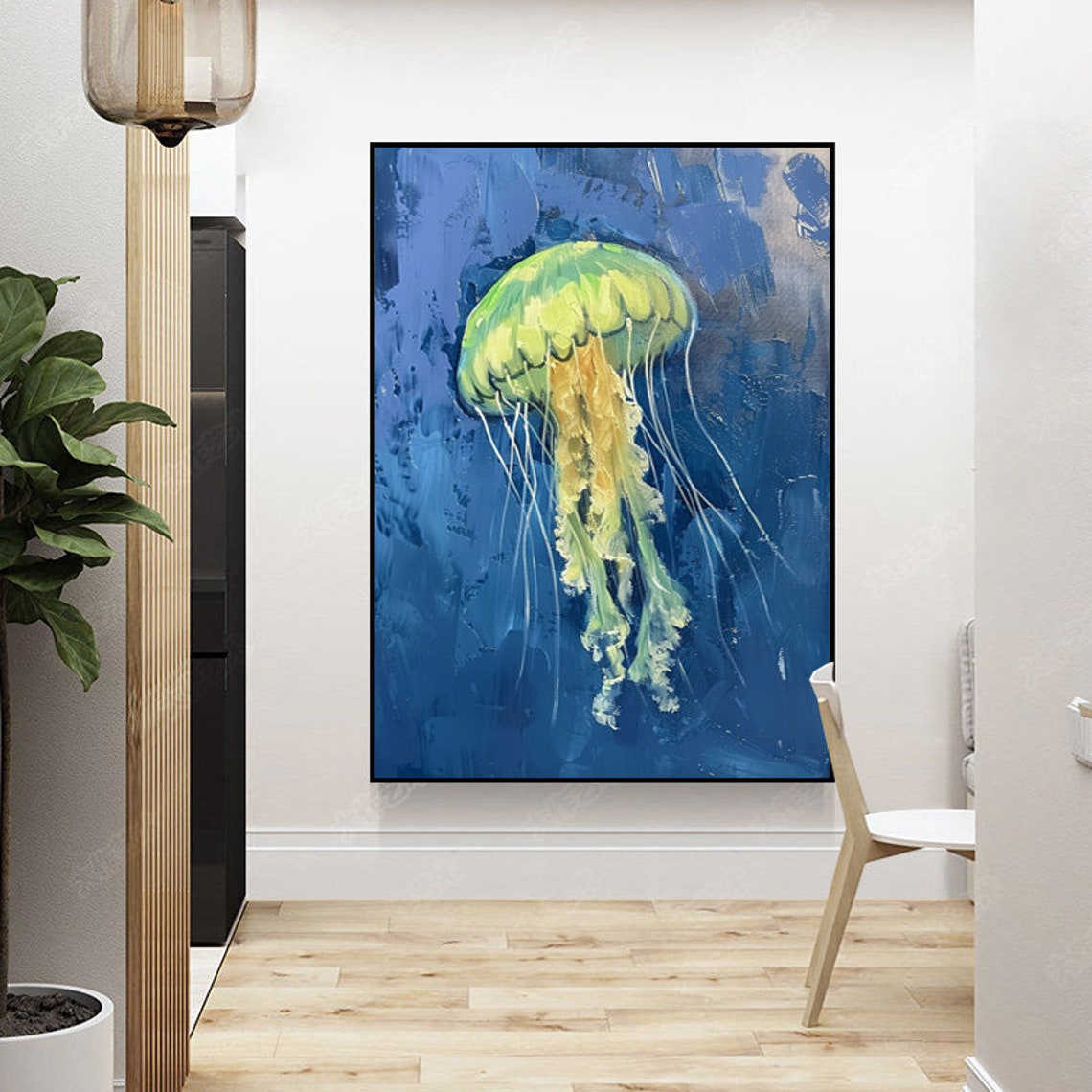 Glowing Green Jellyfish Drifting In Deep Blue Sea Vertical Art Poster - Image 3