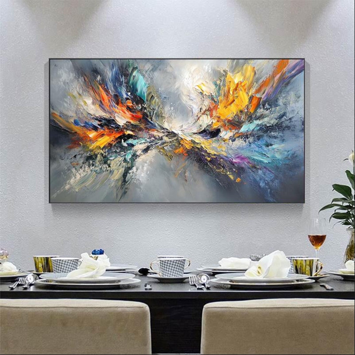 Soft Gray Abstract With Fiery Orange And Blue Brushstrokes Art Poster - Image 2