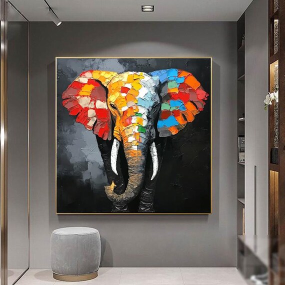 Colorful Mosaic Elephant Head On Deep Black Background Statement Art Poster