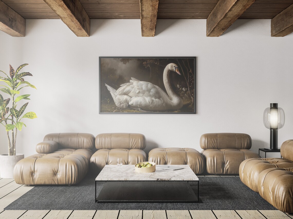 White Swan in Dark Woodland Dark Academia Moody Oil Painting Poster - Image 2