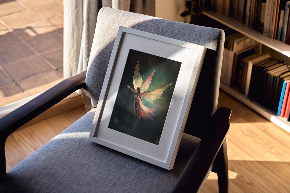 Ethereal Iridescent Fairy in Flight Dark Teal Vintage Postcard Poster - Image 2