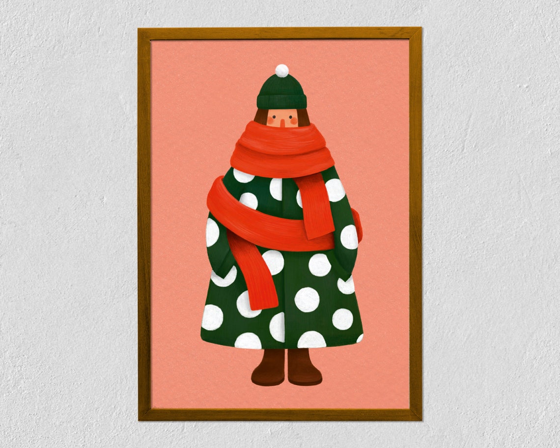 Art Print Christmas Girl 21x30 Girl In Colorful Fluffy Coat Illustrated Drawing On Tintoretto Gesso Paper Food Illustration