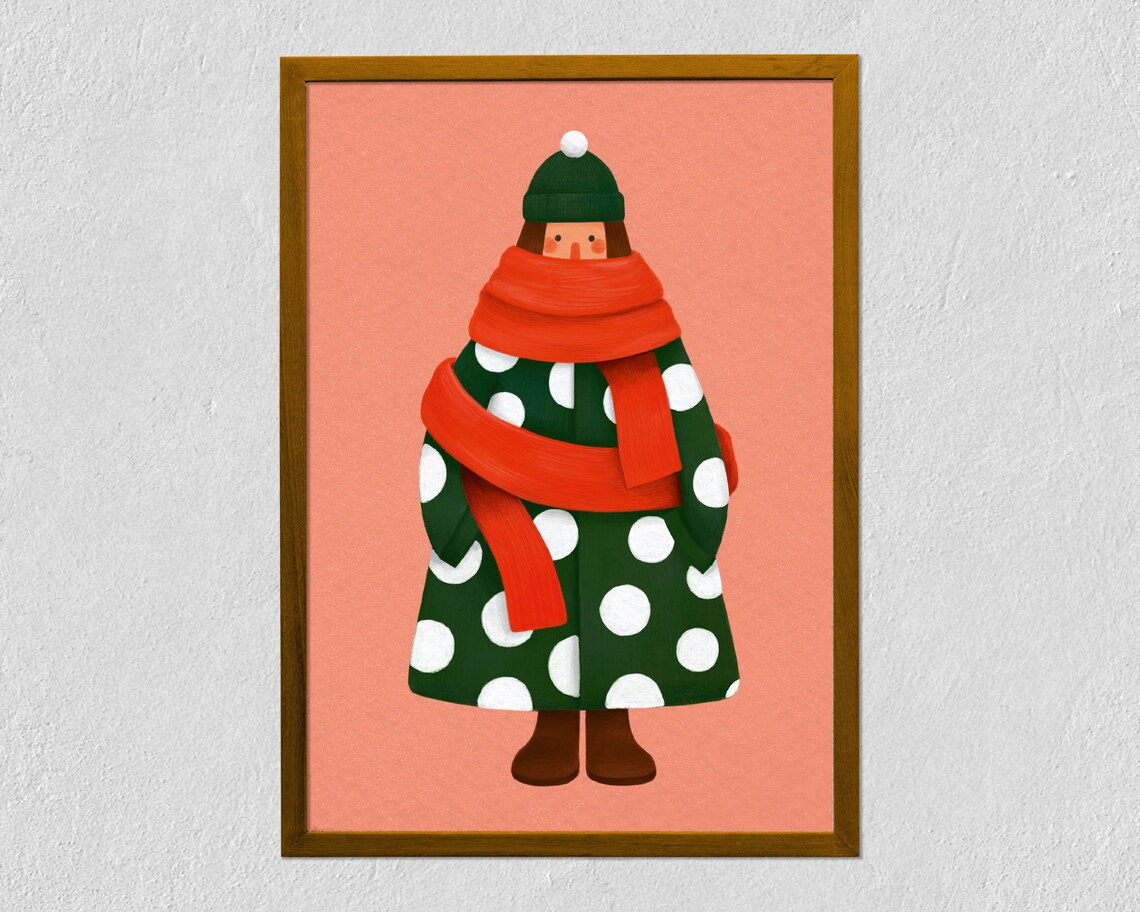 Girl In Green Polka Dot Coat Red Scarf Christmas Winter Art Poster