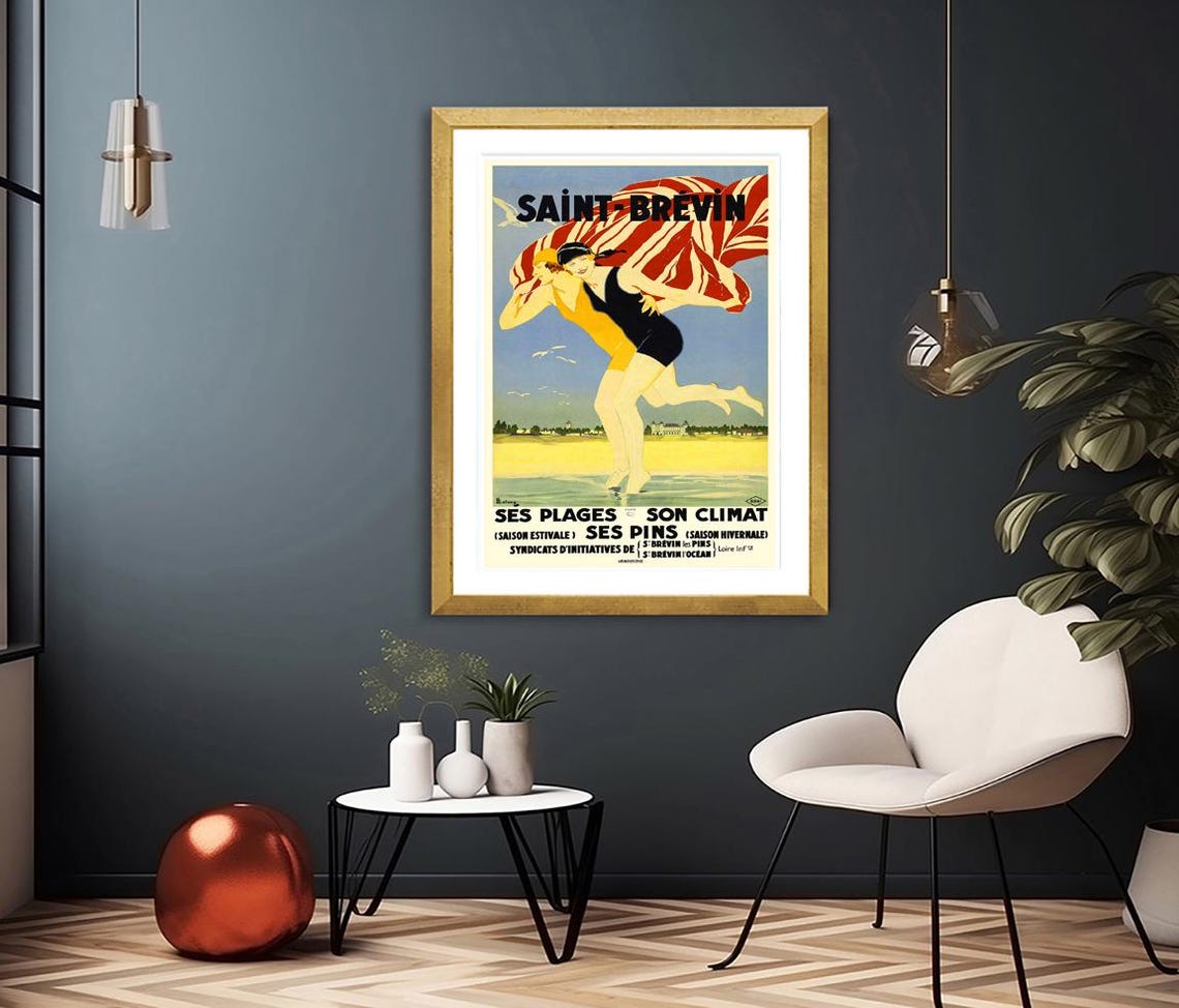 Saint Brevin France Bathers Striped Tent Beach Vintage Travel Poster - Image 2