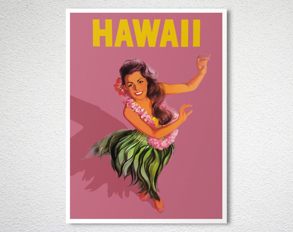 Retro Hawaii Hula Dancer Vintage Pink Tropical Travel Poster - Image 2