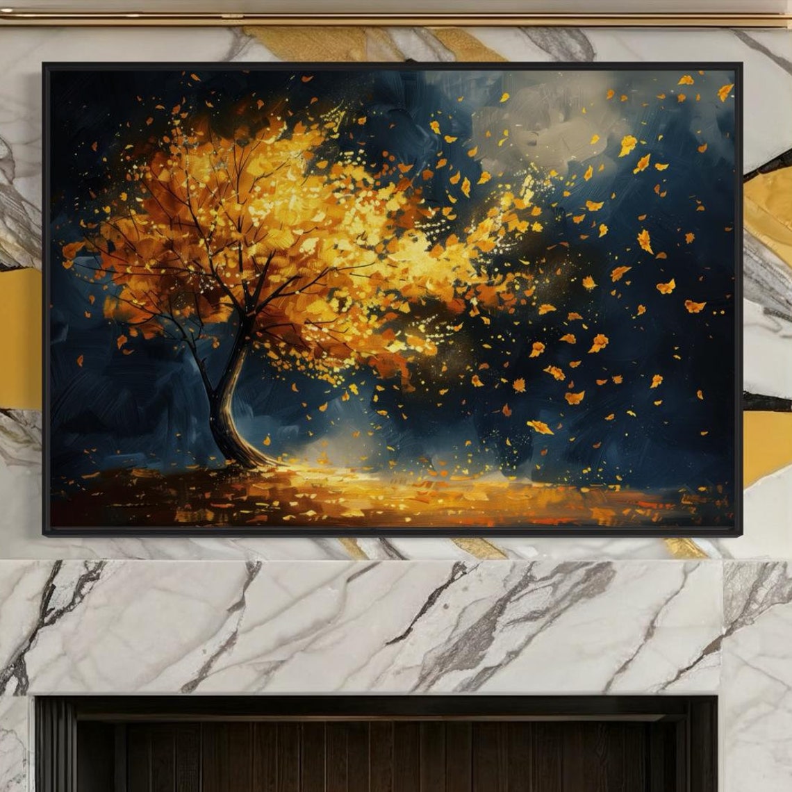 Golden Tree Autumn Leaves Windy Night Dramatic Landscape Art Print - Image 4