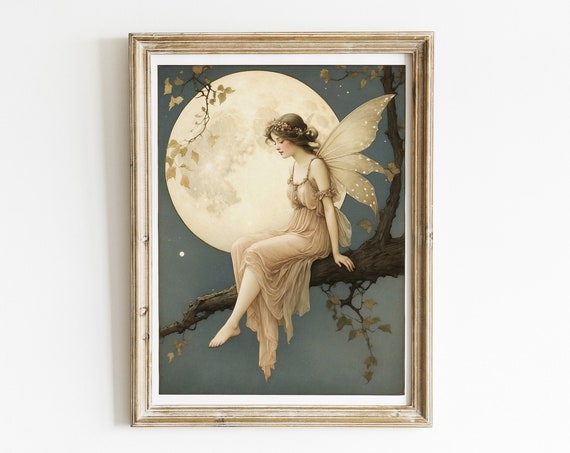 Enchanting Fairy And Full Moon Illustration For Nursery Or Childrens Room Fine Art Print