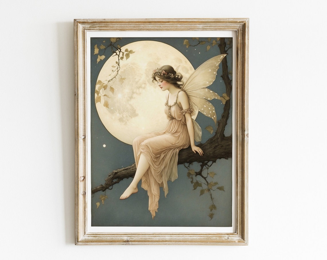 Enchanting Fairy And Full Moon Illustration For Nursery Or Childrens Room Fine Art Print