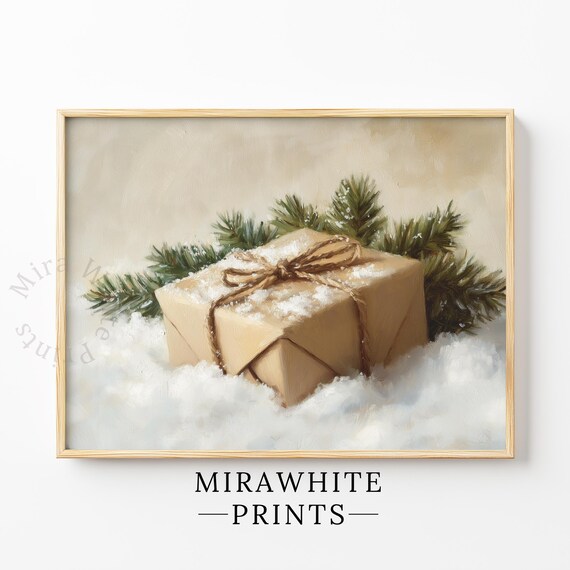 Rustic Kraft Gift Box Snowy Pine Branches Cozy Christmas Morning Scene Poster