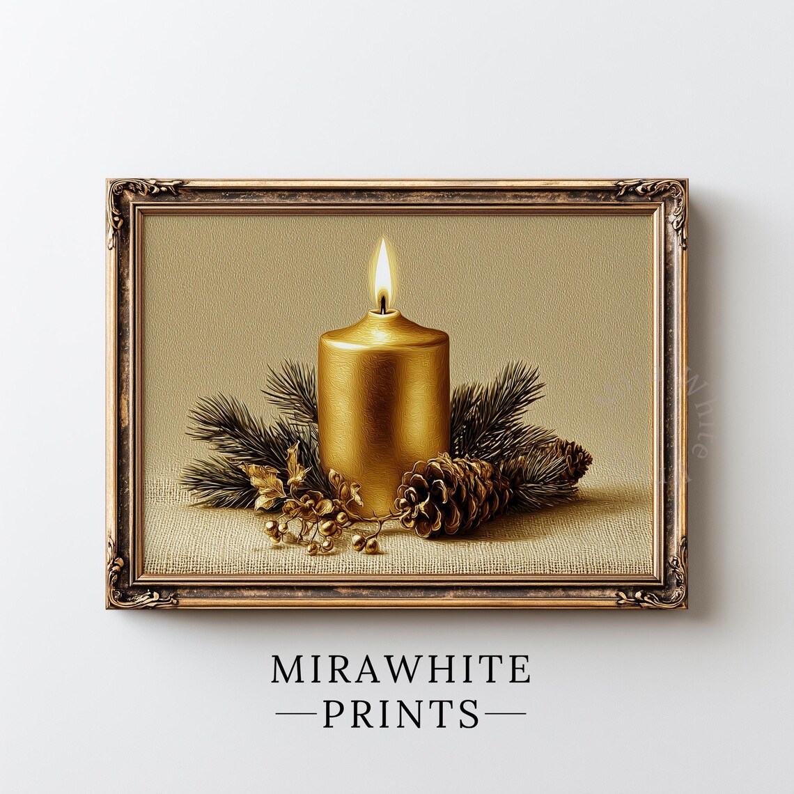 Golden Candle Pinecone Berries Holiday Still Life Vintage Glow Decor Poster