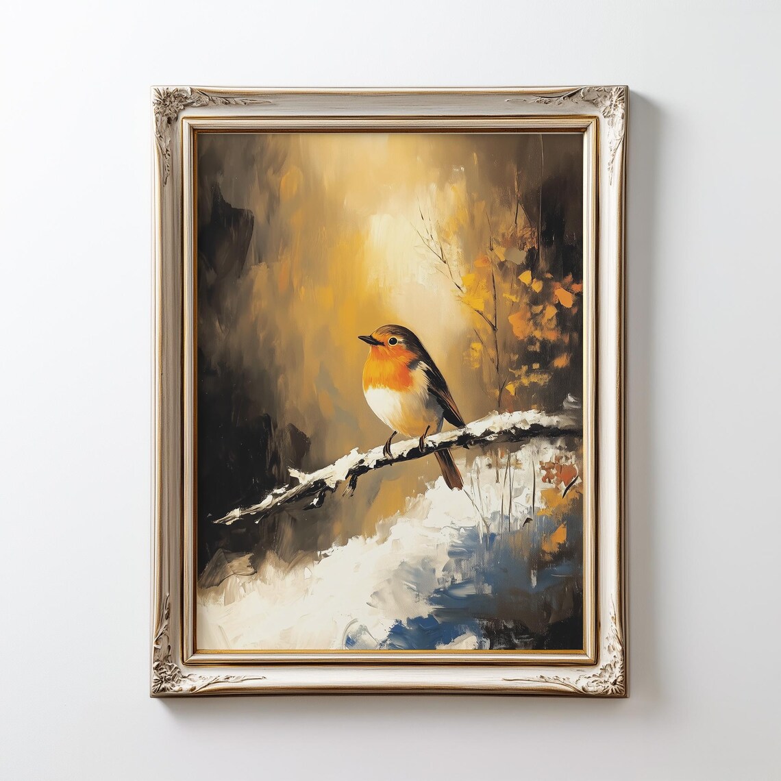 Winter Robin Red Breast Snowy Branch Vintage Bird Painting Print