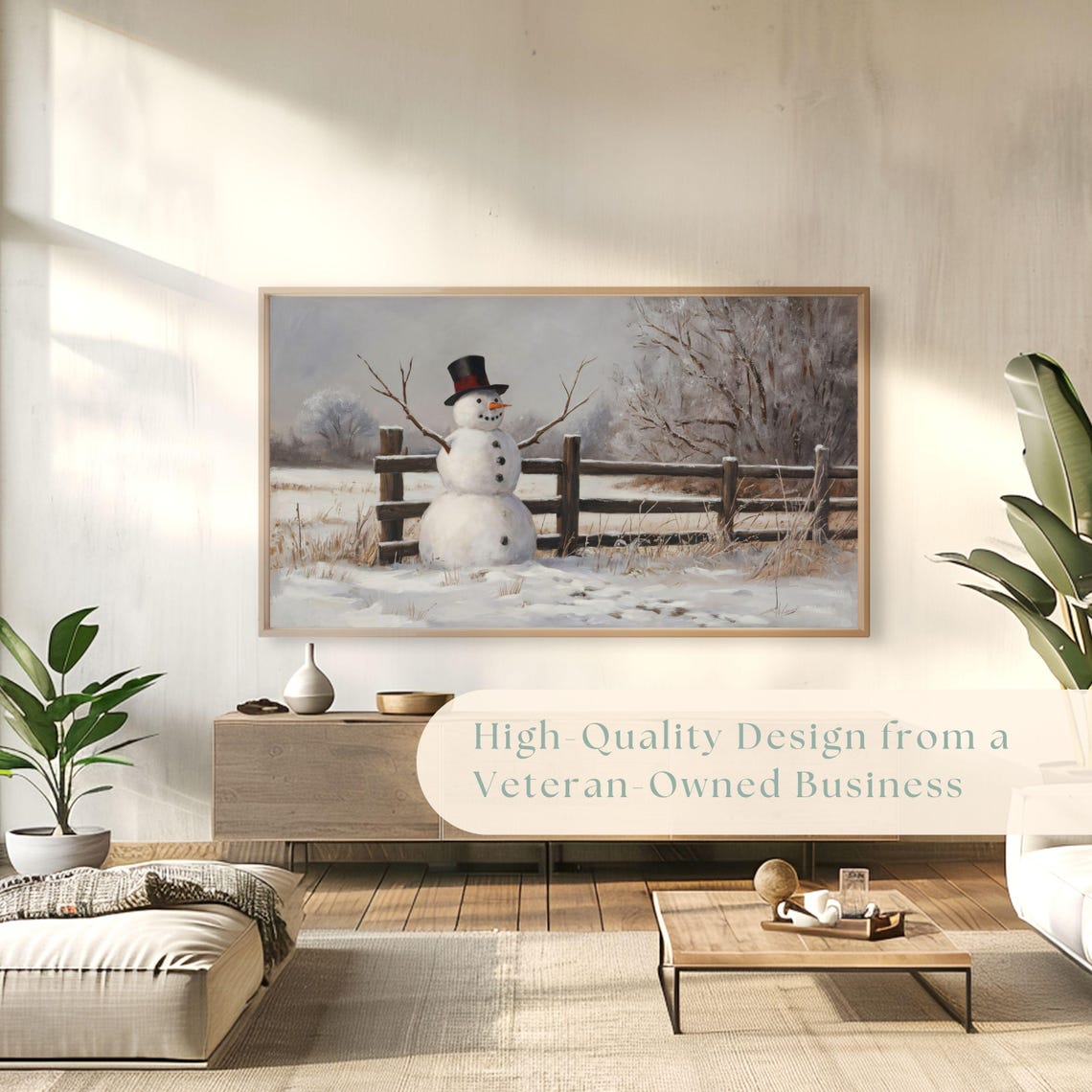 Cheerful Snowman In Top Hat By Snowy Fence Winter Painting Poster - Image 4