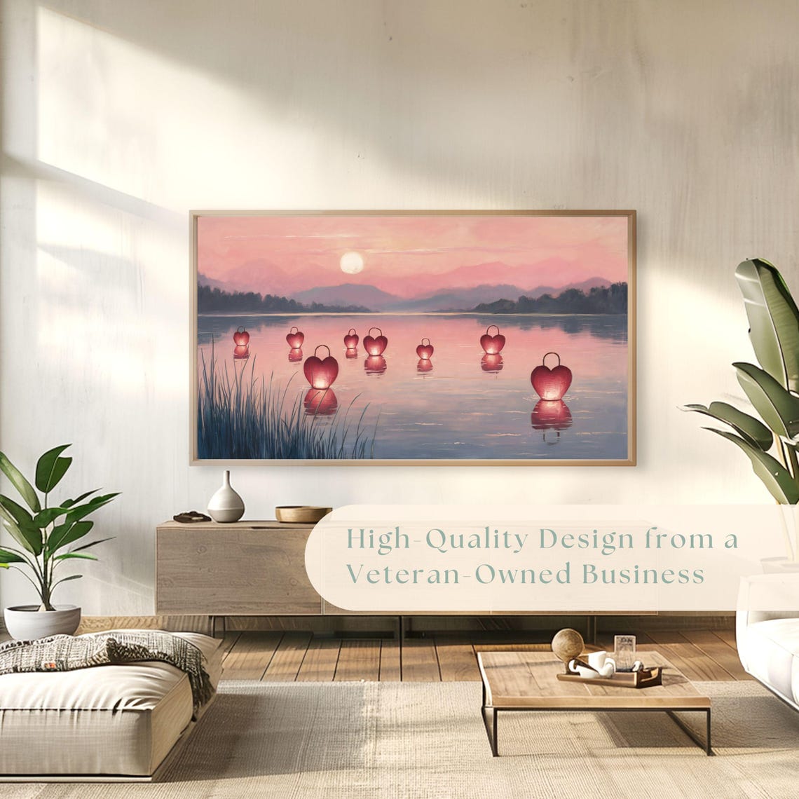 Heart Lanterns Floating Lake Pink Sunset Romantic Painting Poster - Image 4