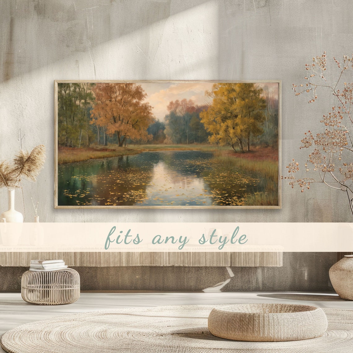 Tranquil Pond with Autumn Reflections and Floating Leaves Poster - Image 3