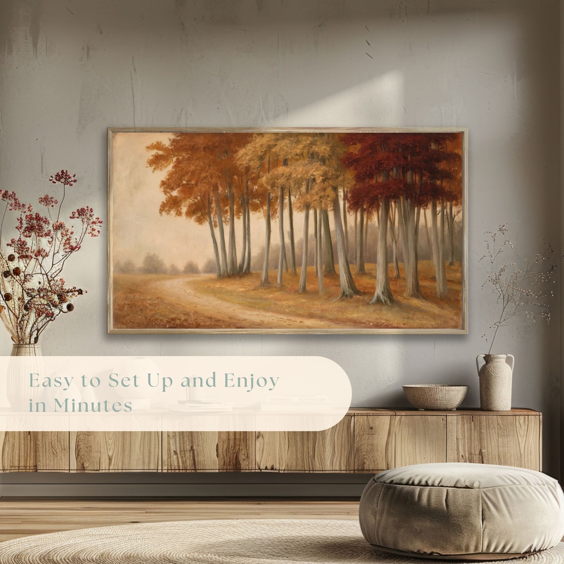 Vintage Autumn Forest with Tall Trees and Winding Dirt Path Poster - Image 5