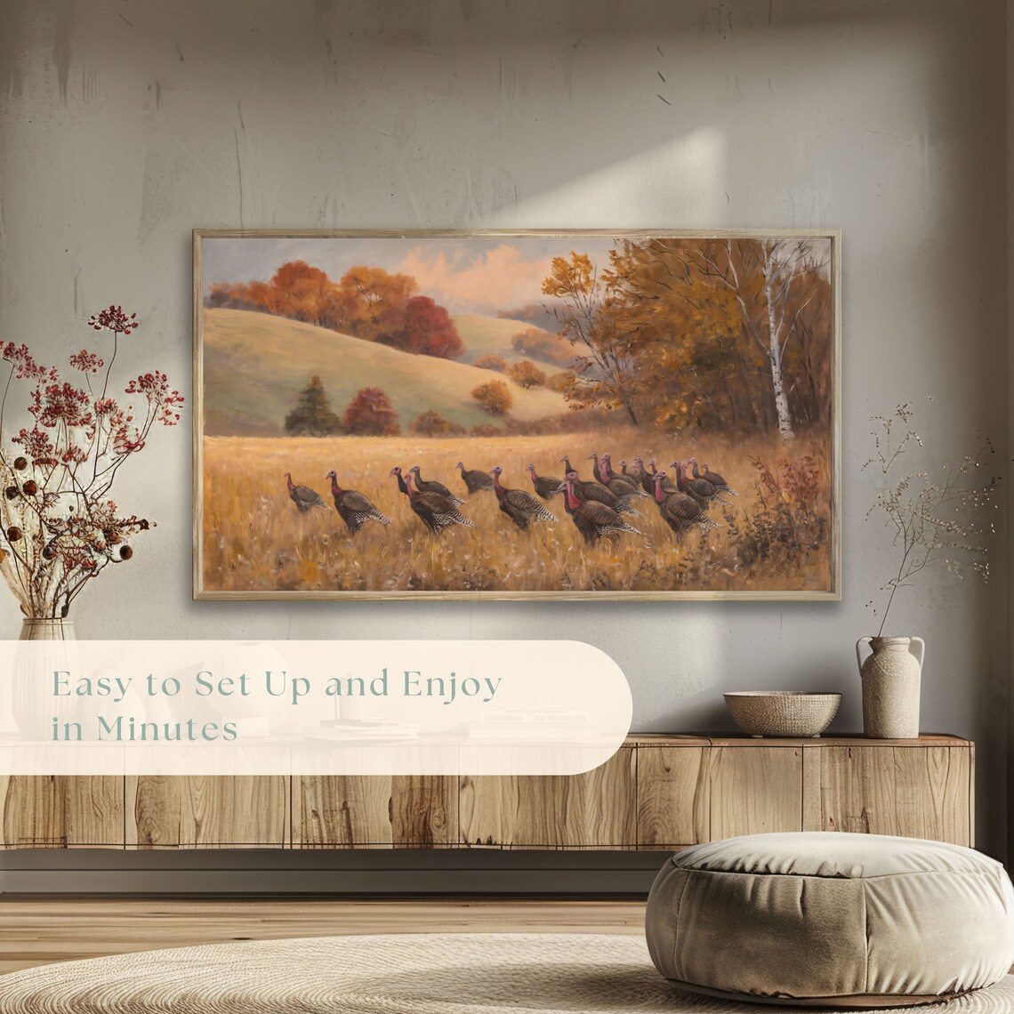 Wild Turkey Flock Crossing Golden Autumn Field Vintage Painting Poster - Image 5