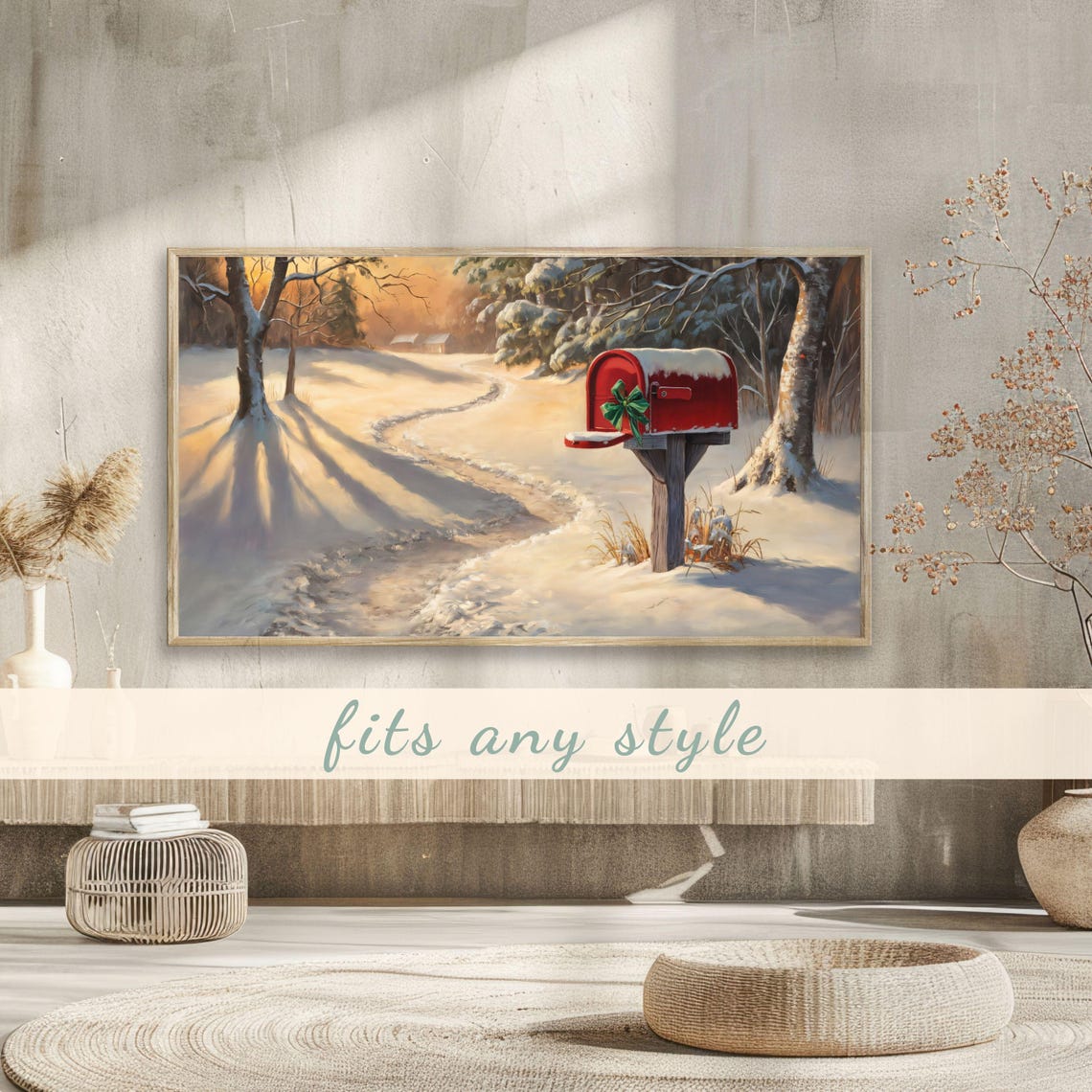 Red Mailbox Green Bow Snowy Woods Golden Light Painting Poster - Image 3