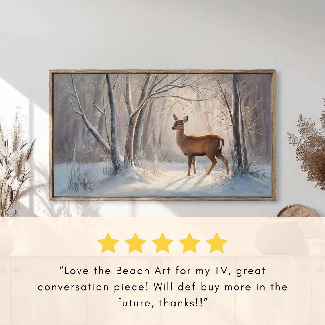 White Tailed Doe Snowy Birch Forest Morning Light Vintage Painting Poster - Image 2