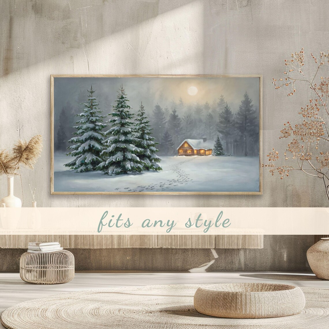 Glowing Log Cabin Snowy Forest Moonlit Night Vintage Winter Poster - Image 3