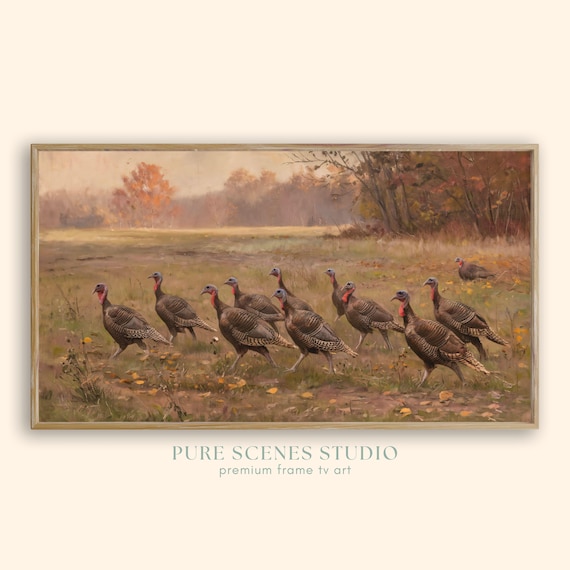 Wild Turkeys Foraging Autumn Meadow Fall Foliage Vintage Painting Poster