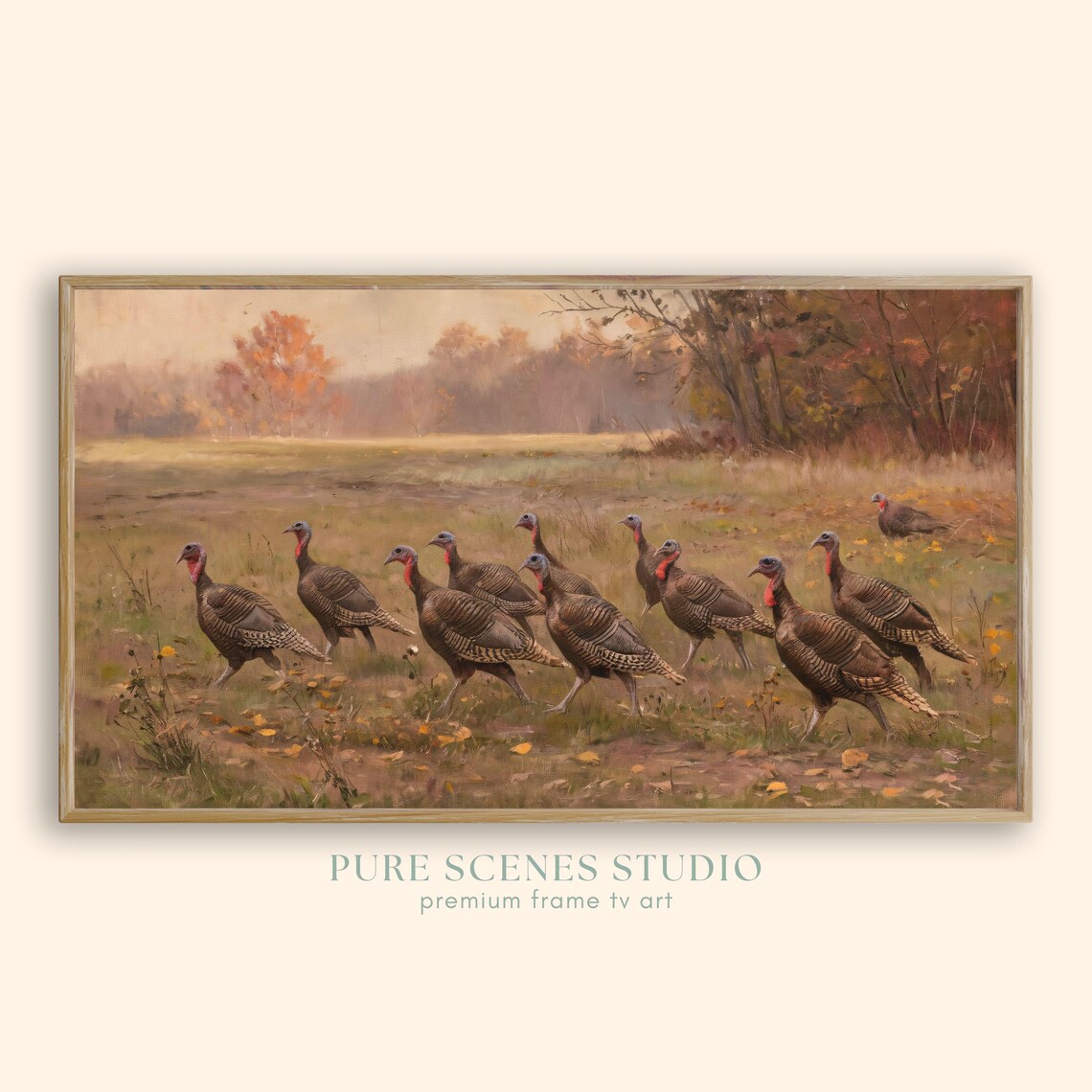 Wild Turkeys Foraging Autumn Meadow Fall Foliage Vintage Painting Poster
