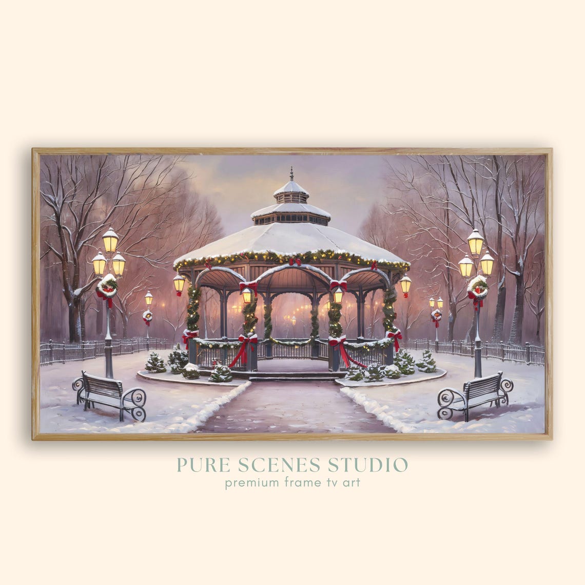 Snow Covered Victorian Park Gazebo Christmas Eve Night Scene Poster