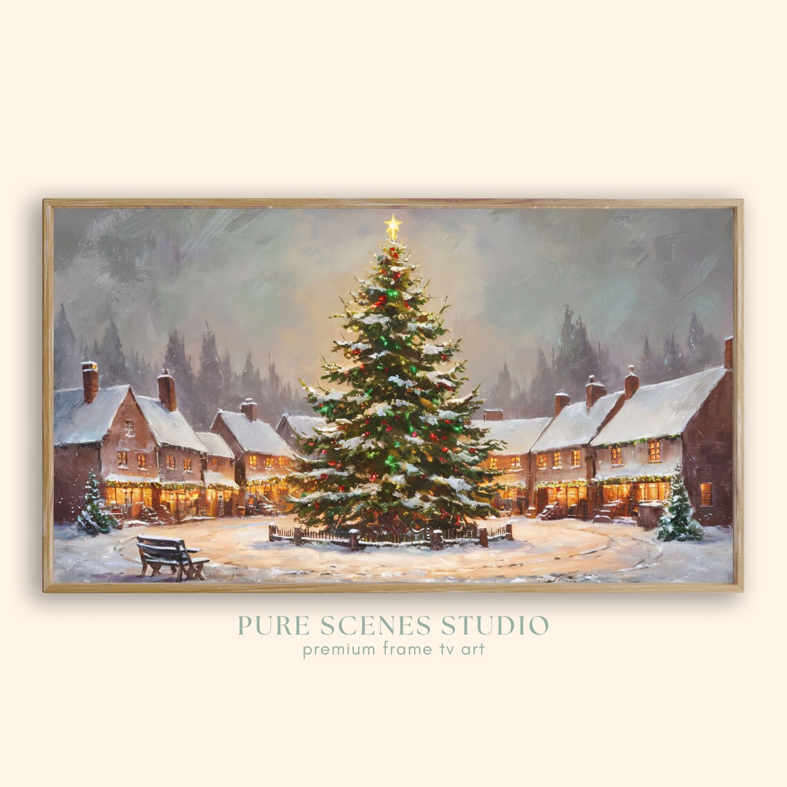 Village Square Christmas Tree Star Topper Snowy Cottages Night Poster