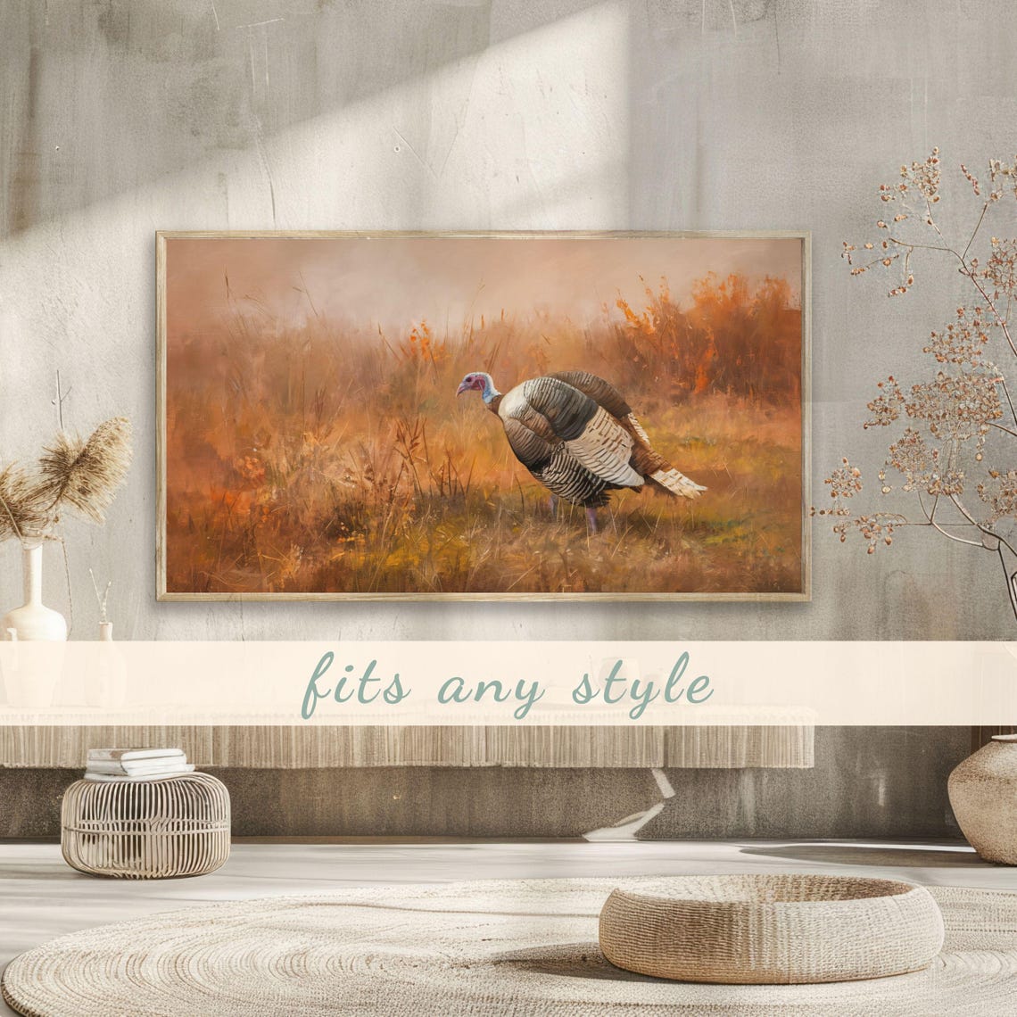 Wild Turkey Walking Through Misty Autumn Grass Field Scene Poster - Image 3