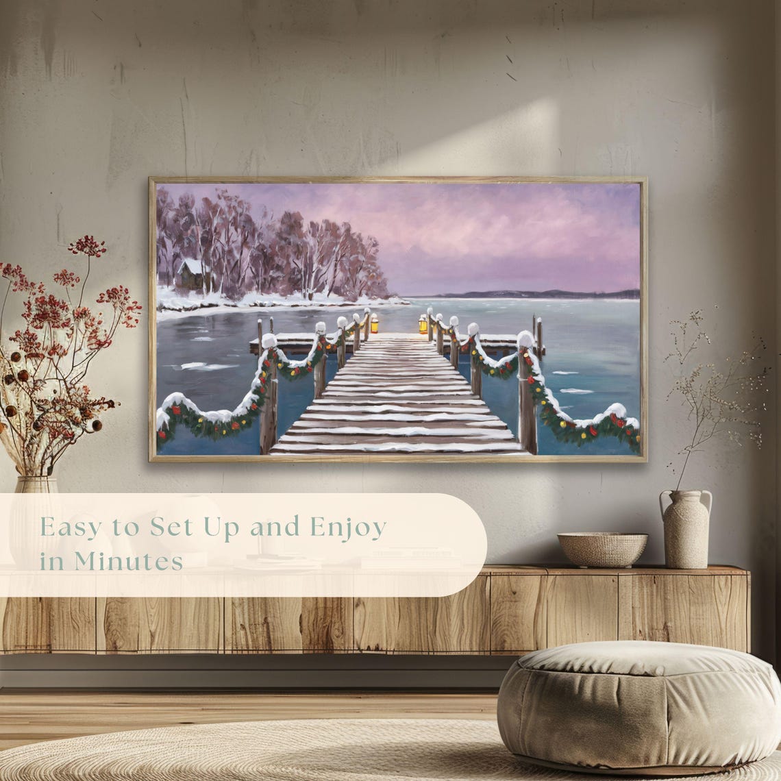 Snowy Lake Pier Christmas Garlands Lanterns Winter Painting Poster - Image 5