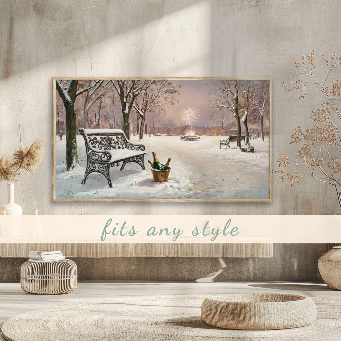 Snowy Park Champagne Bucket Fireworks Winter Celebration Poster - Image 3