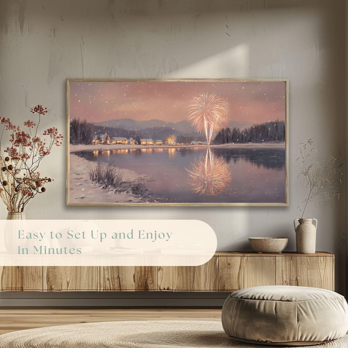 Snowy Lake Fireworks Reflection Village Winter Painting Poster - Image 5