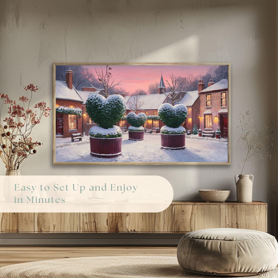 Snowy Village Heart Topiaries Pink Dusk Winter Painting Poster - Image 5